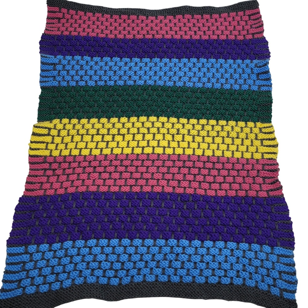 Handknit Striped Throw Stroller Blanket Kids Purple Pink Blue Yellow Green 31x23